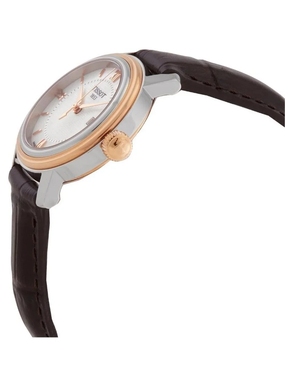 NWT Tissot Bridgeport Quartz White Mother Of Pearl Dial Brown Leather Band Stain